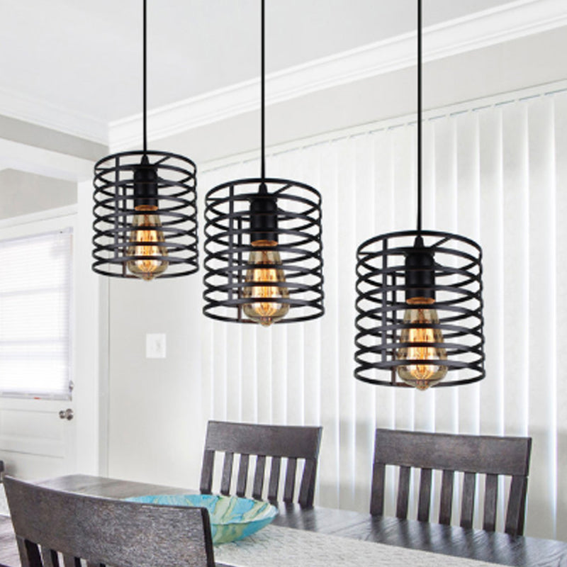 Cylindrical Metallic Hanging Light with Cage Shade Industrial 3 Bulbs Dining Room Suspended Lamp in Black Clearhalo 'Art Deco Pendants' 'Black' 'Cast Iron' 'Ceiling Lights' 'Ceramic' 'Crystal' 'Industrial Pendants' 'Industrial' 'Metal' 'Middle Century Pendants' 'Pendant Lights' 'Pendants' 'Rustic Pendants' 'Tiffany' Lighting' 962236