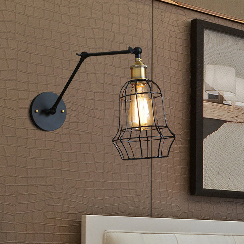 Black Globe/Teardrop Wall Sconce Lighting with Cage Shade Retro Metal 1 Light Arm Adjustable Wall Mount Light Clearhalo 'Art deco wall lights' 'Cast Iron' 'Glass' 'Industrial wall lights' 'Industrial' 'Middle century wall lights' 'Modern' 'Rustic wall lights' 'Tiffany' 'Traditional wall lights' 'Wall Lamps & Sconces' 'Wall Lights' Lighting' 962287