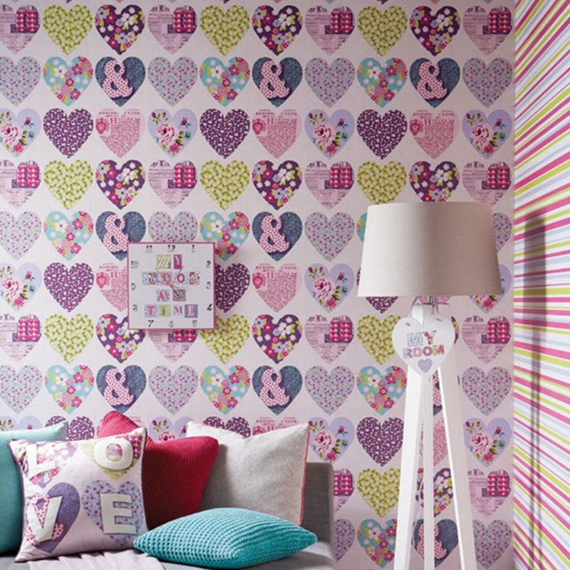 Purple and Pink Heart Wallpaper Stain-Resistant Wall Covering for Children's Bedroom Decoration Purple Clearhalo 'Wall Decor' 'Wallpaper' 962810