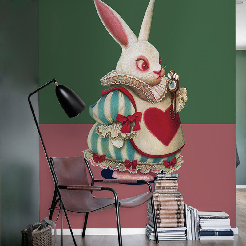 Cute Rabbit Wall Decor Green and Red Minimalist Wall Mural for Children's Bedroom Green-Red Clearhalo 'Wall Decor' 'Wall Mural' 962872