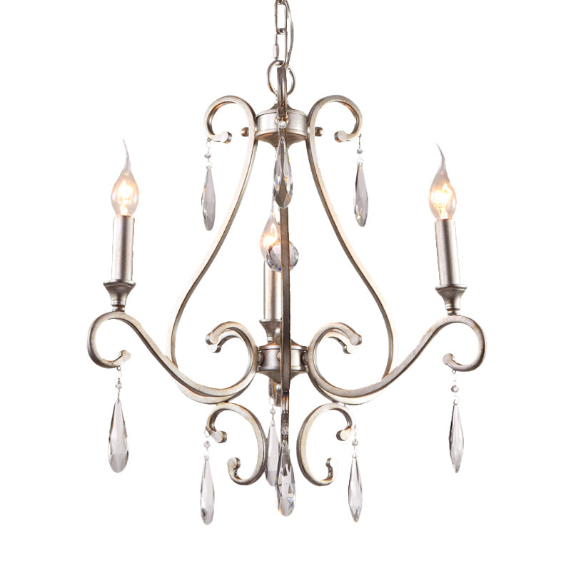 Crystal Teardrop Suspension Light Farmhouse 3 Heads Bedroom Candle Pendant Chandelier in Gold with Scroll Arm Clearhalo 'Ceiling Lights' 'Chandeliers' Lighting' options 963151