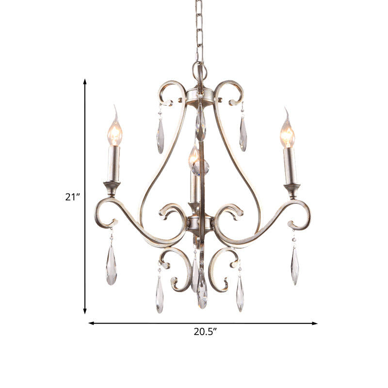 Crystal Teardrop Suspension Light Farmhouse 3 Heads Bedroom Candle Pendant Chandelier in Gold with Scroll Arm Clearhalo 'Ceiling Lights' 'Chandeliers' Lighting' options 963153