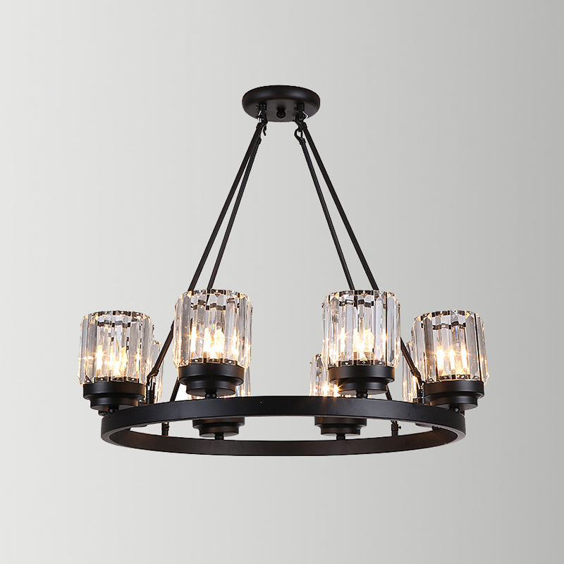 Black Wagon Wheel Chandelier Vintage Iron 8-Head Living Room Hanging Pendant with Cylinder Crystal Shade Clearhalo 'Ceiling Lights' 'Chandeliers' 'Modern Chandeliers' 'Modern' Lighting' 965850