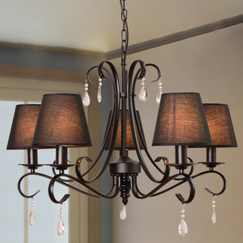 Black Conical Suspension Pendant Rustic Fabric 5 Lights Living Room Chandelier with Swirl Arm and Crystal Drop Black Clearhalo 'Ceiling Lights' 'Chandeliers' Lighting' options 965887_c088eb2d-bcf2-4c9e-bdd4-206c7a1944fa