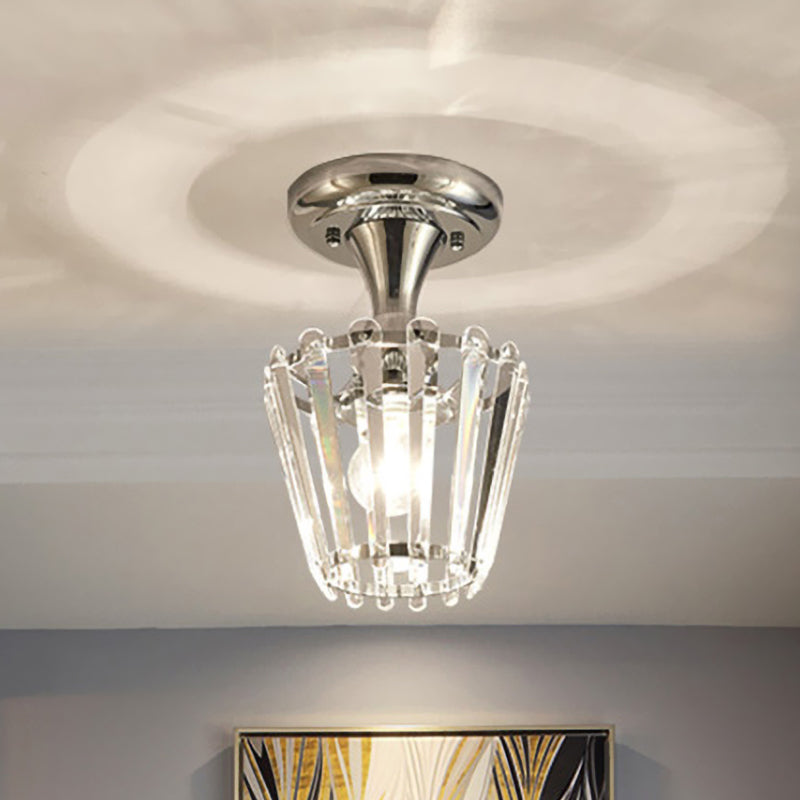 Minimalism Tapered Mini Ceiling Fixture 1-Light Crystal Semi Flush Mount Lighting Fixture in Chrome Chrome Clearhalo 'Ceiling Lights' 'Close To Ceiling Lights' 'Close to ceiling' 'Semi-flushmount' Lighting' 966002