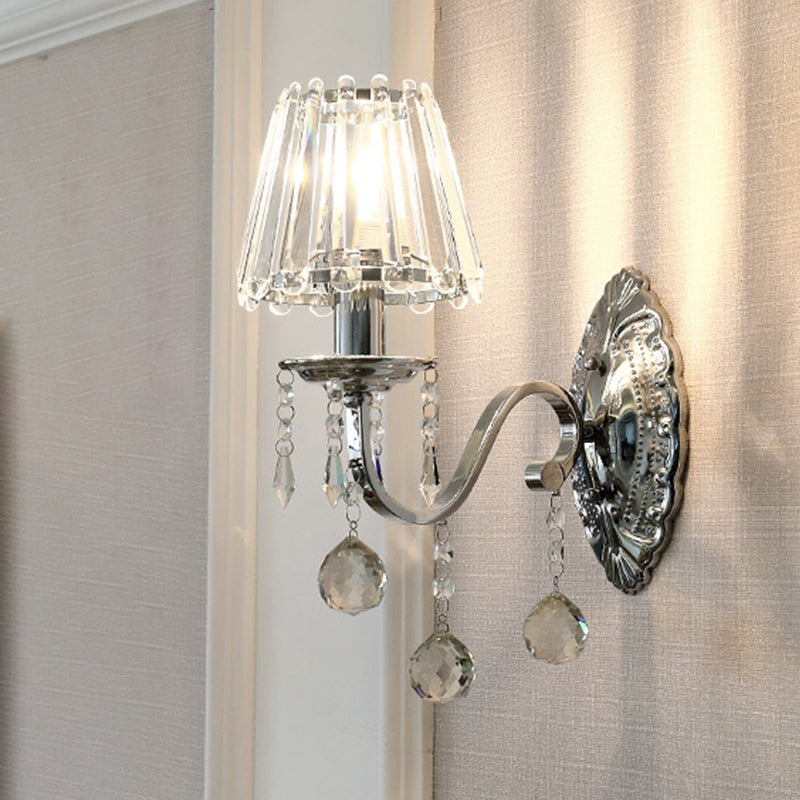Crystal Cone Wall Light Kit Contemporary 1/2-Light Living Room Sconce Lighting Fixture in Chrome with Drops Clearhalo 'Wall Lamps & Sconces' 'Wall Lights' Lighting' 966048