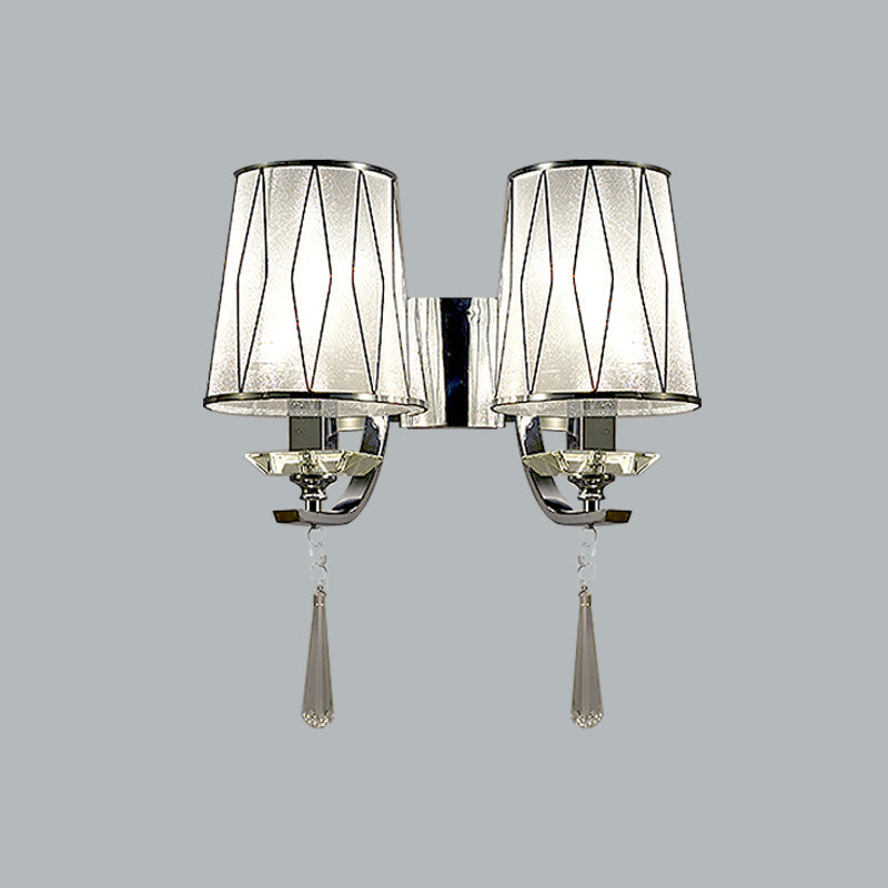 1/2-Bulb Wall Lighting Fixture Modern Diamond-Pattern Barrel PVC Wall Lamp in Chrome with K9 Crystal Drop Clearhalo 'Modern wall lights' 'Modern' 'Wall Lamps & Sconces' 'Wall Lights' Lighting' 966070