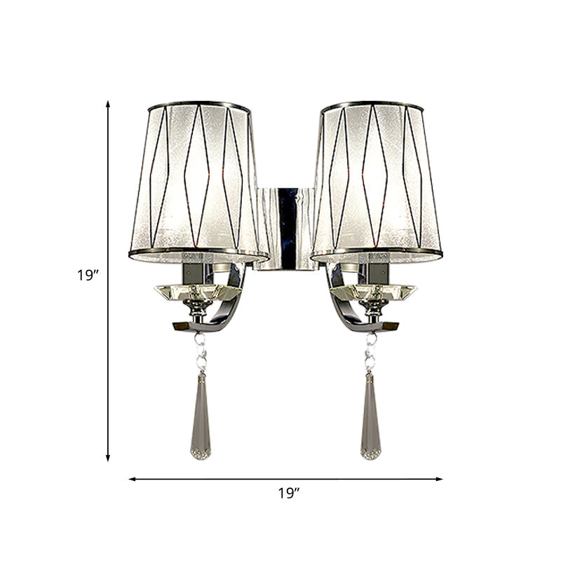 1/2-Bulb Wall Lighting Fixture Modern Diamond-Pattern Barrel PVC Wall Lamp in Chrome with K9 Crystal Drop Clearhalo 'Modern wall lights' 'Modern' 'Wall Lamps & Sconces' 'Wall Lights' Lighting' 966071