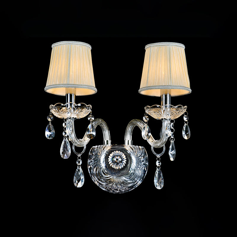 Gathered Fabric Tapered Sconce Light Modernism 2 Heads Bedside Wall Mounted Lamp with Clear Curved Glass Tube Arm Clearhalo 'Wall Lamps & Sconces' 'Wall Lights' Lighting' 966080
