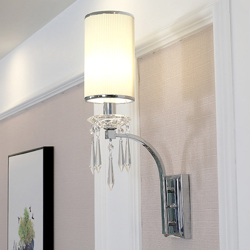 Simple Pillar Wall Mounted Light 1 Bulb Ribbed Fabric Sconce Lighting in Chrome for Living Room Chrome Clearhalo 'Modern wall lights' 'Modern' 'Wall Lamps & Sconces' 'Wall Lights' Lighting' 966082