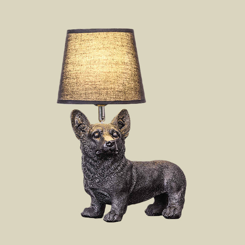 Sitting/Standing Dog Night Table Light Creative Resin 1 Head Black Table Lighting with Barrel Fabric Shade for Bedroom Clearhalo 'Lamps' 'Table Lamps' Lighting' 966301