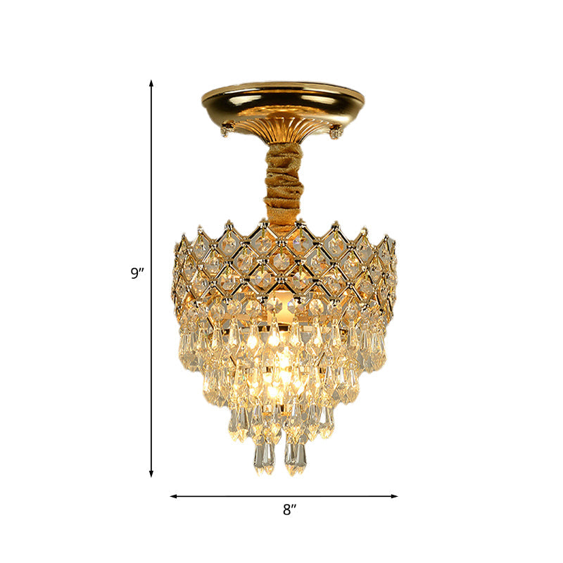 4 Tiers Crystal Droplet Ceiling Lamp Traditional 1-Light Sitting Room Semi Flush Mount Lighting with Gold Crown Top Clearhalo 'Ceiling Lights' 'Close To Ceiling Lights' 'Close to ceiling' 'Semi-flushmount' Lighting' 968347