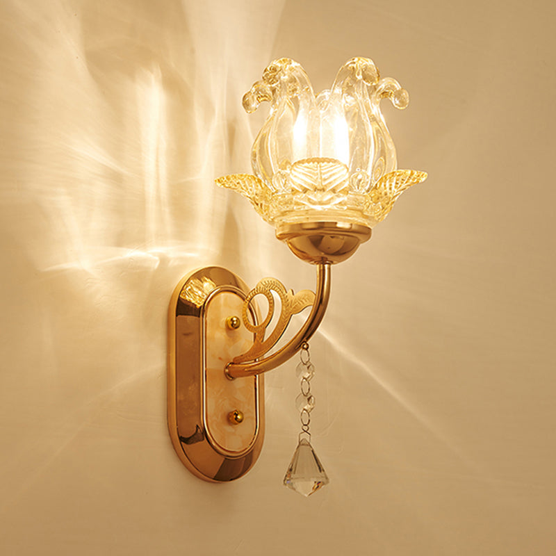 Simplicity Blossom Crystal Wall Lighting Fixture 1/2-Light Wall Mounted Lamp in Gold with Curved Arm Clearhalo 'Modern wall lights' 'Modern' 'Wall Lamps & Sconces' 'Wall Lights' Lighting' 968545