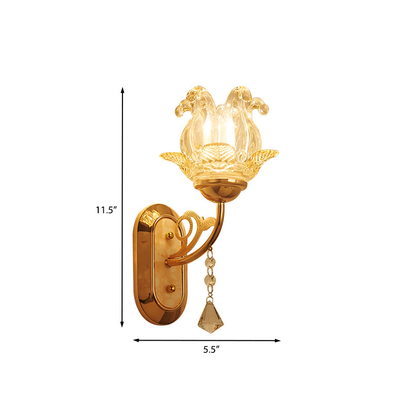 Simplicity Blossom Crystal Wall Lighting Fixture 1/2-Light Wall Mounted Lamp in Gold with Curved Arm Clearhalo 'Modern wall lights' 'Modern' 'Wall Lamps & Sconces' 'Wall Lights' Lighting' 968546