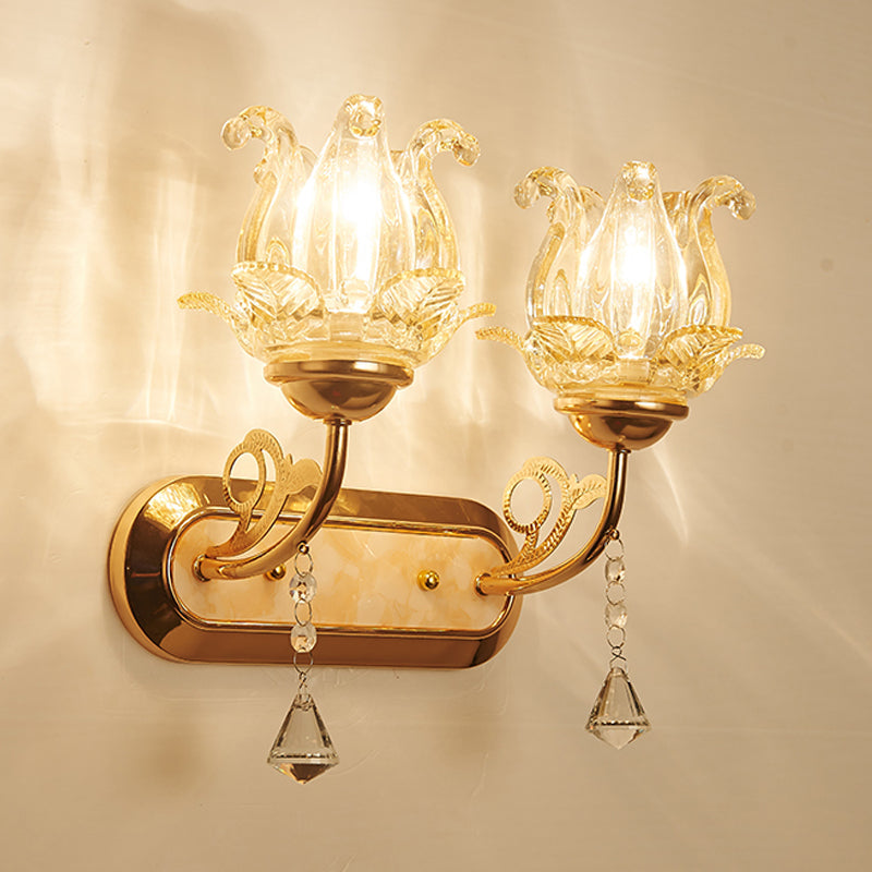 Simplicity Blossom Crystal Wall Lighting Fixture 1/2-Light Wall Mounted Lamp in Gold with Curved Arm Clearhalo 'Modern wall lights' 'Modern' 'Wall Lamps & Sconces' 'Wall Lights' Lighting' 968550