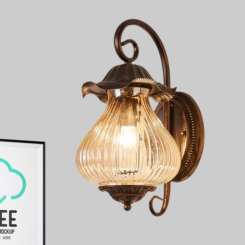 1 Light Pressed Ribbed Glass Wall Sconce Light Industrial Black Lantern Bedroom Lighting Fixture in Weathered Copper Clearhalo 'Art deco wall lights' 'Cast Iron' 'Glass' 'Industrial wall lights' 'Industrial' 'Middle century wall lights' 'Modern' 'Rustic wall lights' 'Tiffany' 'Traditional wall lights' 'Wall Lamps & Sconces' 'Wall Lights' Lighting' 968951
