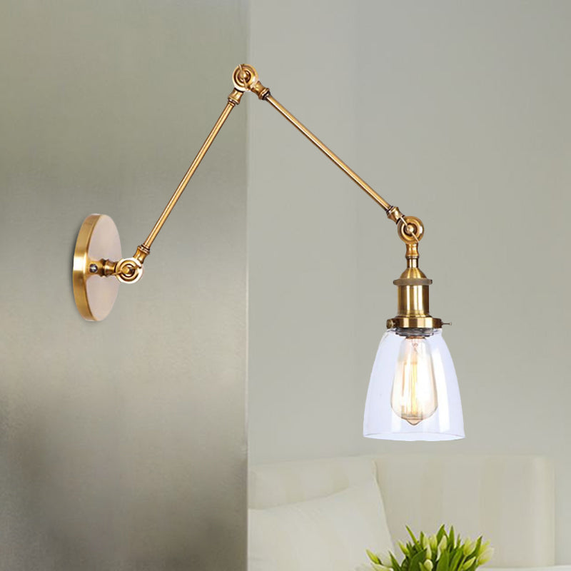 Tapered Beside Sconce Light Fixture Antique Clear Glass 1 Light Black/Silver/Brass Wall Lamp with Swing Arm Clearhalo 'Cast Iron' 'Glass' 'Industrial wall lights' 'Industrial' 'Middle century wall lights' 'Modern' 'Tiffany' 'Traditional wall lights' 'Wall Lamps & Sconces' 'Wall Lights' Lighting' 968966