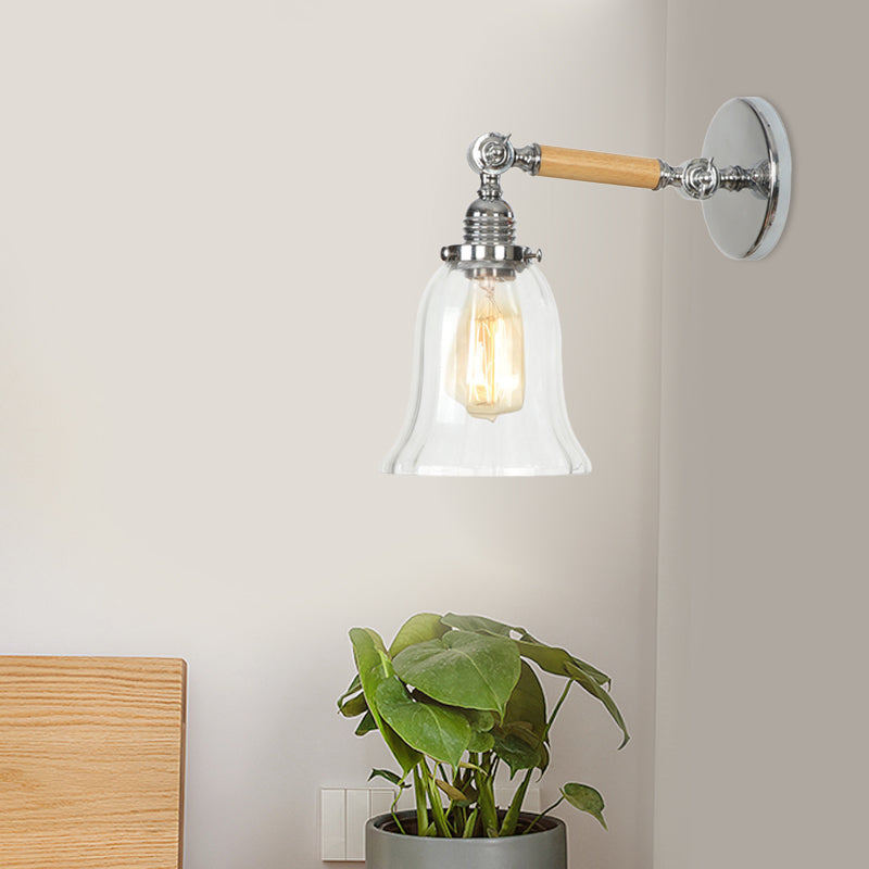 1 Light Clear Textured Glass Wall Sconce Light Vintage Chrome Bell Living Room Lighting Fixture, 8"/4"/6" Wide Wooden Arm Clearhalo 'Cast Iron' 'Glass' 'Industrial wall lights' 'Industrial' 'Middle century wall lights' 'Modern' 'Tiffany' 'Traditional wall lights' 'Wall Lamps & Sconces' 'Wall Lights' Lighting' 968992