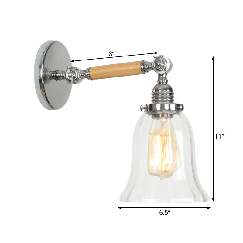 1 Light Clear Textured Glass Wall Sconce Light Vintage Chrome Bell Living Room Lighting Fixture, 8"/4"/6" Wide Wooden Arm Clearhalo 'Cast Iron' 'Glass' 'Industrial wall lights' 'Industrial' 'Middle century wall lights' 'Modern' 'Tiffany' 'Traditional wall lights' 'Wall Lamps & Sconces' 'Wall Lights' Lighting' 968997