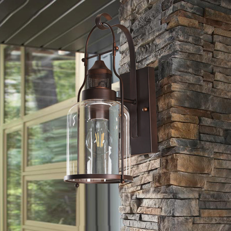One Bulb Clear Glass Sconce Light Fixture Traditional Rust Cylinder Corridor Wall Lamp Clearhalo 'Cast Iron' 'Glass' 'Industrial wall lights' 'Industrial' 'Middle century wall lights' 'Modern' 'Tiffany' 'Traditional wall lights' 'Wall Lamps & Sconces' 'Wall Lights' Lighting' 969003