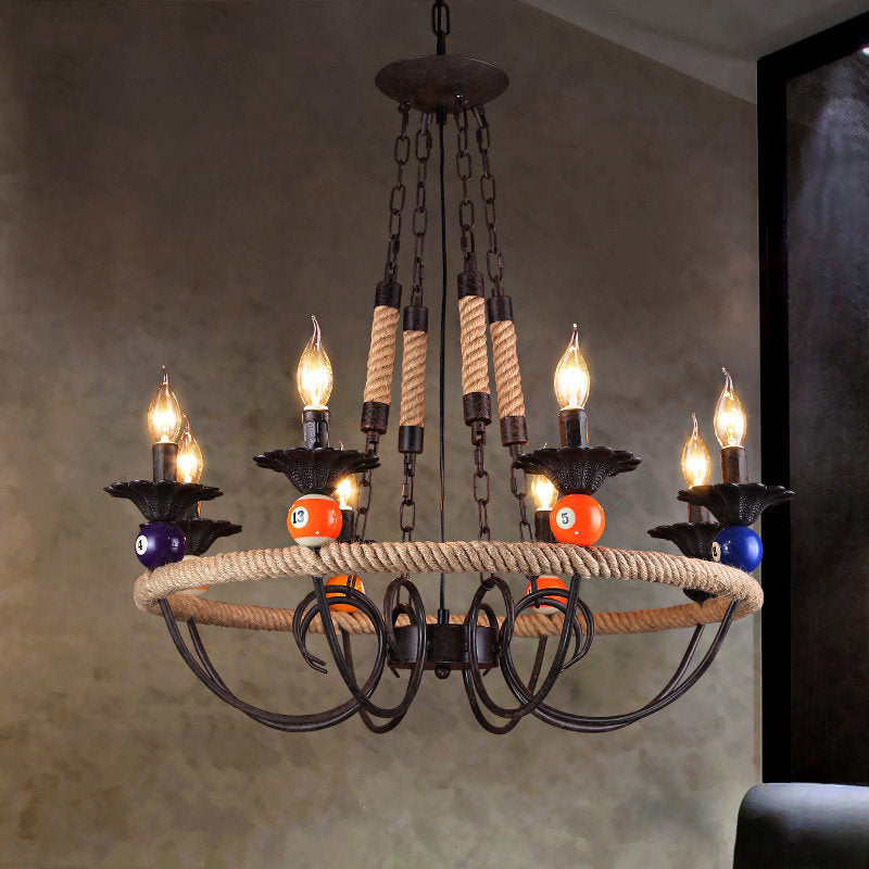 Roped Ring Bar Hanging Lamp Industrial Style Metal 3/6 Lights Rust Chandelier Lighting with Billiard Ball Decoration Clearhalo 'Cast Iron' 'Ceiling Lights' 'Chandeliers' 'Industrial Chandeliers' 'Industrial' 'Metal' 'Middle Century Chandeliers' 'Rustic Chandeliers' 'Tiffany' Lighting' 969009