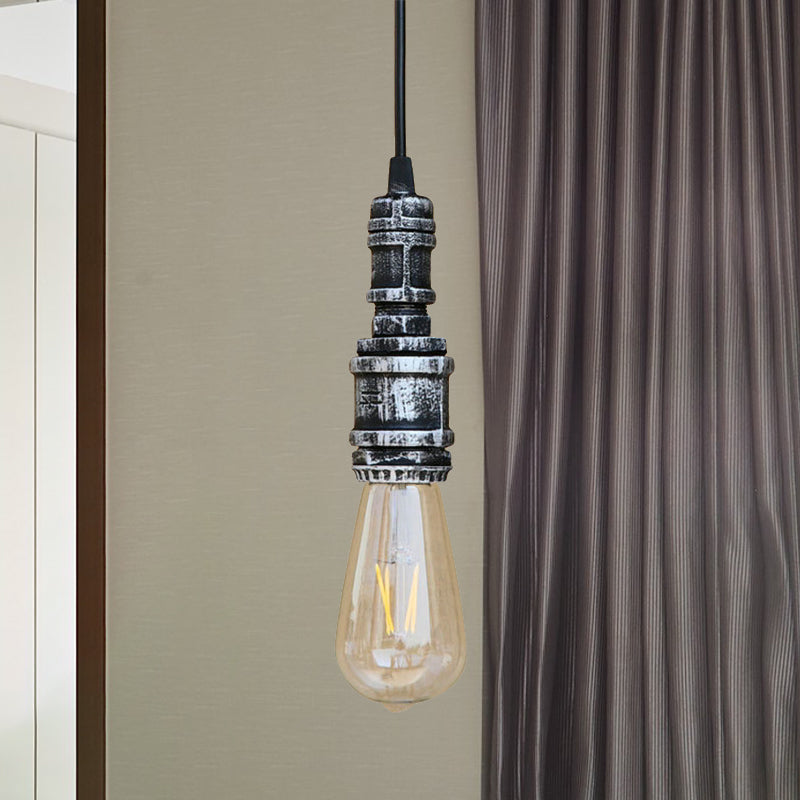 1 Light Bare Bulb Hanging Light Rustic Style Black/Silver Wrought Iron Ceiling Fixture with Pipe for Bathroom Clearhalo 'Art Deco Pendants' 'Black' 'Cast Iron' 'Ceiling Lights' 'Ceramic' 'Crystal' 'Industrial Pendants' 'Industrial' 'Metal' 'Middle Century Pendants' 'Pendant Lights' 'Pendants' 'Rustic Pendants' 'Tiffany' Lighting' 969041