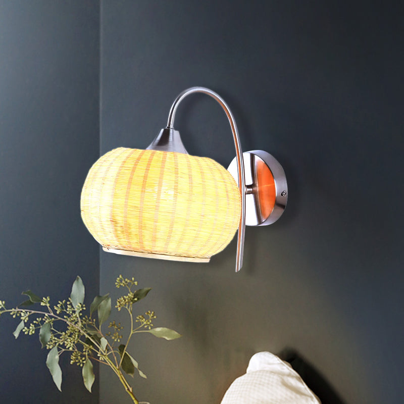Rattan Rounded Drum Sconce Wall Light Modern Style 1 Light Chrome Finish Wall Lamp with Metal Curved Arm Clearhalo 'Wall Lamps & Sconces' 'Wall Lights' Lighting' 969067