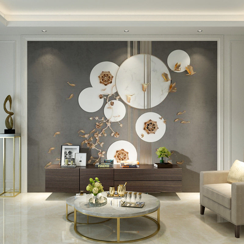 Extra Large Chinese Traditional Mural Grey 3D Print Plum Flower and Fish Wall Covering, Personalized Size Available Clearhalo 'Wall Decor' 'Wall Mural' 969642