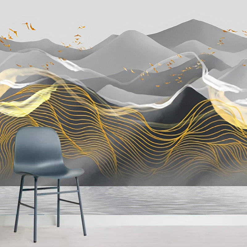 Mountain Mural Wallpaper in Pastel Grey, Vintage Wall Covering for Accent Wall Grey Clearhalo 'Wall Decor' 'Wall Mural' 969680