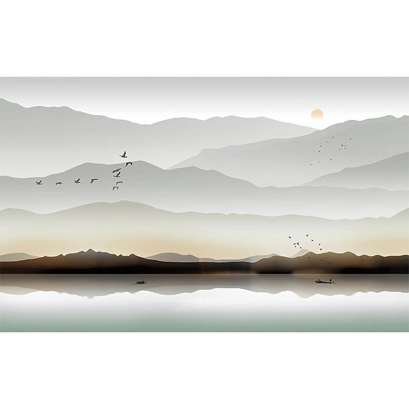 Personalized Illustration Traditional Wall Mural for Bedroom with Mountain and River Design in Grey Clearhalo 'Wall Decor' 'Wall Mural' 970149