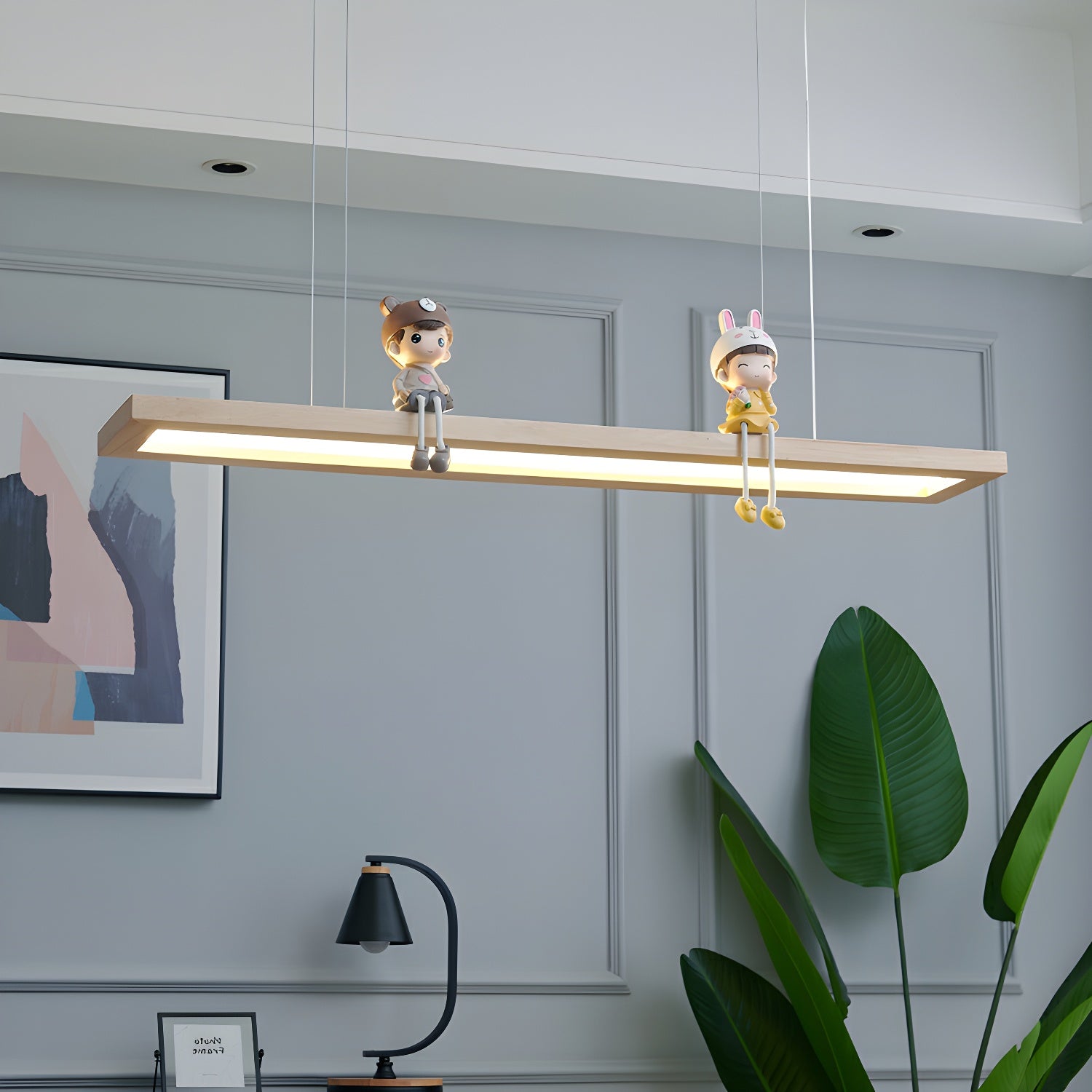 Modern LED Wood Island Light with Rectangle Resin Shade - 1 Light