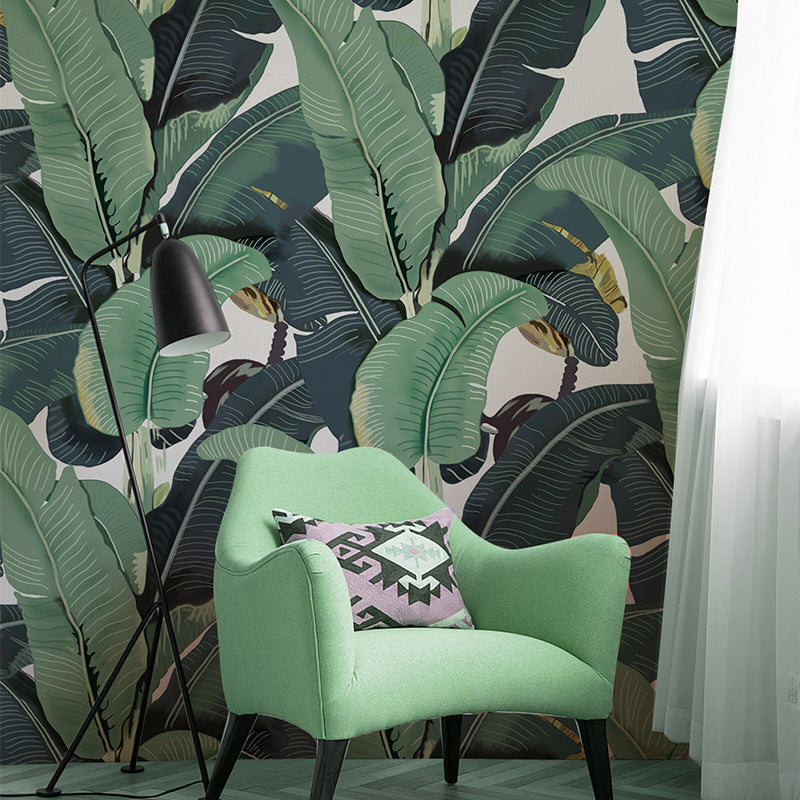 Tropical Banana Leaves Wall Mural for Thai Restaurant, Custom-Made Wall Covering in Green Green Clearhalo 'Wall Decor' 'Wall Mural' 976873