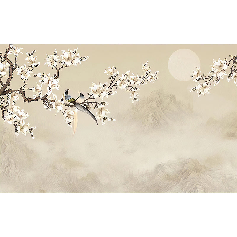 Asia Inspired Magnolia Wall Mural for Accent Wall, Personalized Size Wall Decor in Pastel Brown Clearhalo 'Wall Decor' 'Wall Mural' 977437