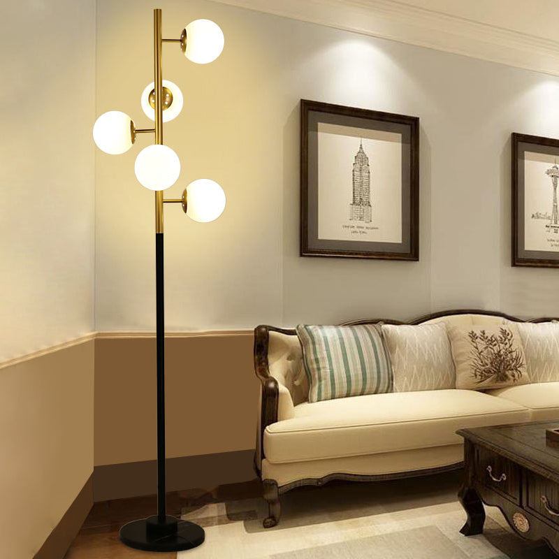 Black-Gold Tree Floor Light Simplicity 5-Bulb Metal Standing Up Lamp with Beige/Milk White Glass Shade Black-Gold Milk White Clearhalo 'Floor Lamps' 'Lamps' Lighting' 978452