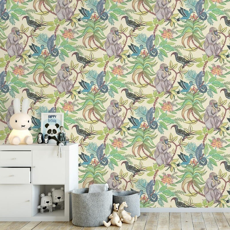 Fresh Jungle and Animal Mural Wallpaper for Accent Wall, Natural Color, Made to Measure Beige Clearhalo 'Wall Decor' 'Wall Mural' 979091