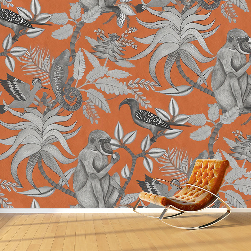 Fresh Jungle and Animal Mural Wallpaper for Accent Wall, Natural Color, Made to Measure Orange Clearhalo 'Wall Decor' 'Wall Mural' 979096
