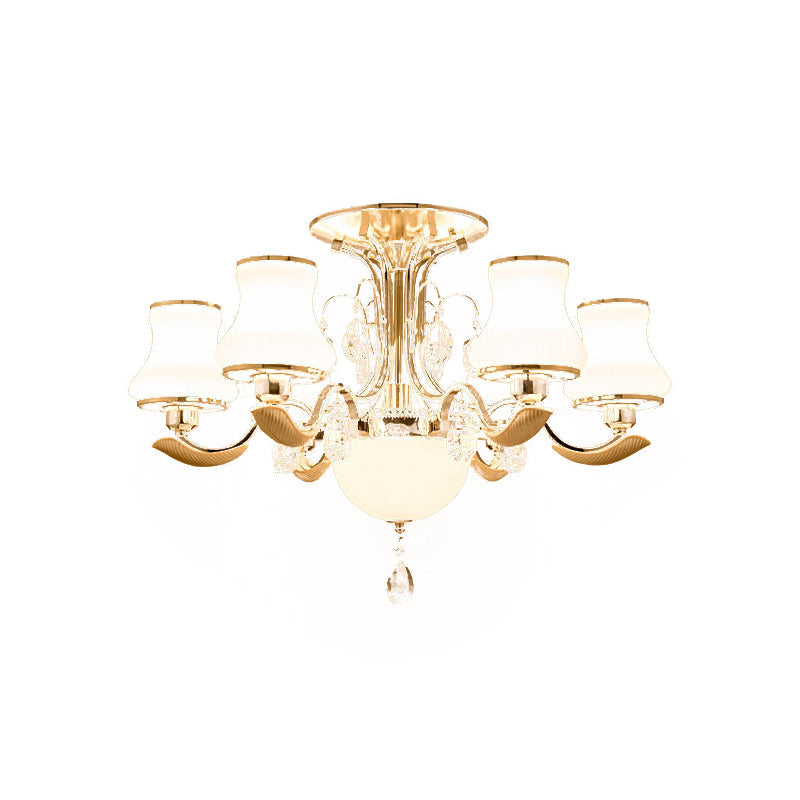 3/6 Bulbs Milk Glass Semi Mount Lighting Traditional Gold Pear Shaped Bedroom Close to Ceiling Light Clearhalo 'Ceiling Lights' 'Close To Ceiling Lights' 'Close to ceiling' 'Semi-flushmount' Lighting' 979491