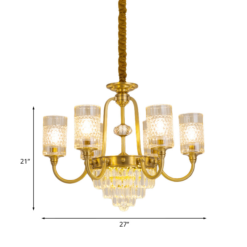 6-Light Pillar Hanging Chandelier Postmodern Gold Textured Glass Pendant Lamp with Tiered Crystal Prism Clearhalo 'Ceiling Lights' 'Chandeliers' Lighting' options 979509