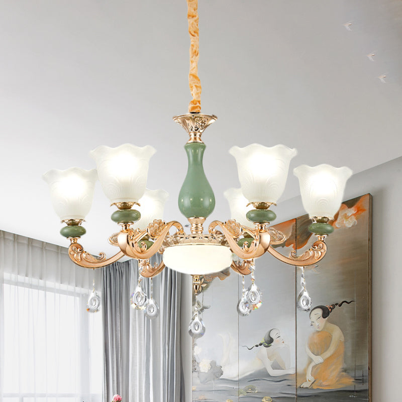 Floral Bedroom Up Chandelier Antique Milk Frosted Glass 3/6 Bulbs Gold and Green Hanging Light with Crystal Drop Clearhalo 'Ceiling Lights' 'Chandeliers' Lighting' options 979510