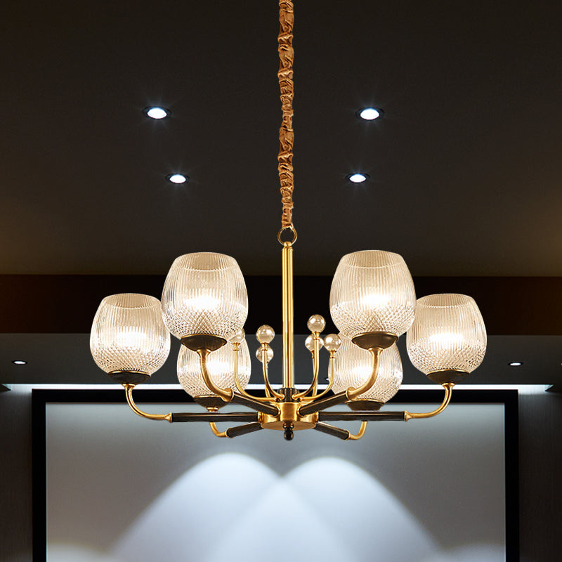 Ribbed Glass Snifter Cup Pendant Lamp Postmodern 3/6 Heads Dining Room Up Chandelier in Brass Clearhalo 'Ceiling Lights' 'Chandeliers' 'Modern Chandeliers' 'Modern' Lighting' 979533