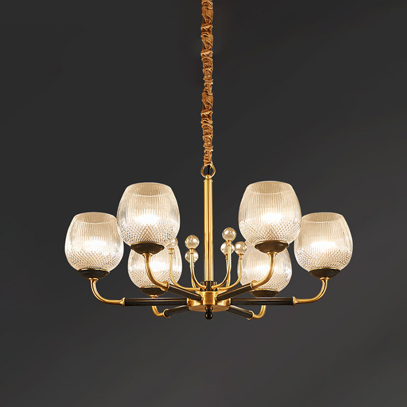 Ribbed Glass Snifter Cup Pendant Lamp Postmodern 3/6 Heads Dining Room Up Chandelier in Brass Clearhalo 'Ceiling Lights' 'Chandeliers' 'Modern Chandeliers' 'Modern' Lighting' 979535