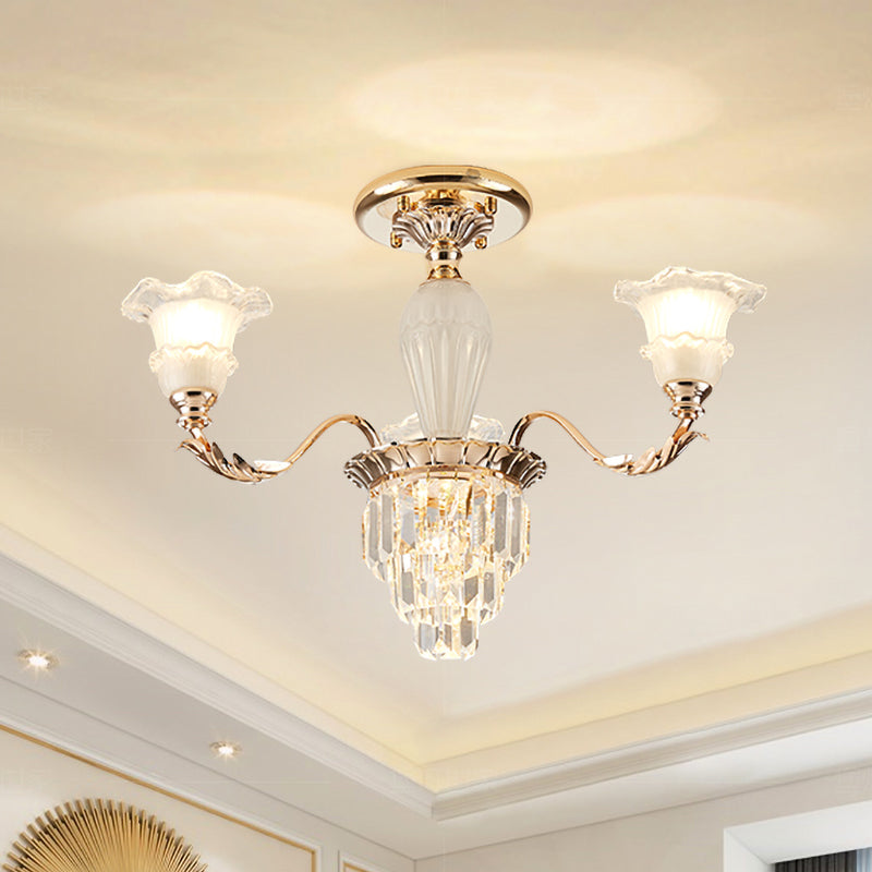 Bellflower Frosted Glass Semi Flush Light Modern 3/6-Bulb Bedroom Ceiling Mount Chandelier with Crystal Bottom in Gold 3 Gold Clearhalo 'Ceiling Lights' 'Close To Ceiling Lights' 'Close to ceiling' 'Semi-flushmount' Lighting' 979541