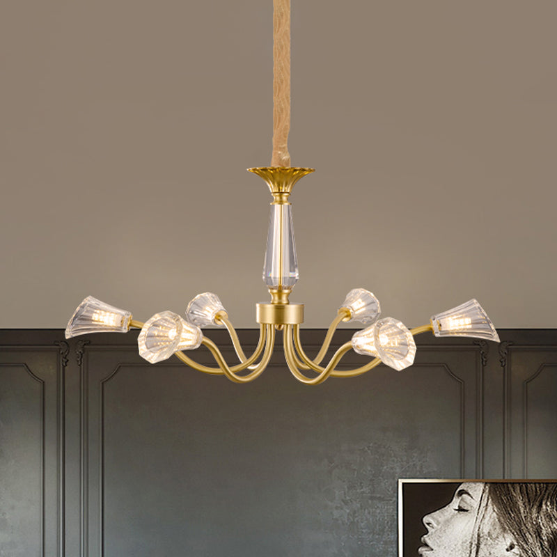 6-Head Burst Design Cone Chandelier Postmodern Gold Ribbed Crystal Hanging Light Fixture Gold Clearhalo 'Ceiling Lights' 'Chandeliers' 'Modern Chandeliers' 'Modern' Lighting' 979550