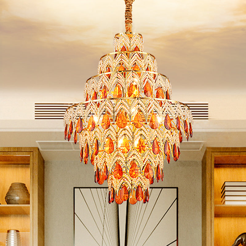 7-Tier Tapered Dining Room Hanging Light Retro Tan Crystal 8 Heads Gold Chandelier Pendant Gold Clearhalo 'Ceiling Lights' 'Chandeliers' Lighting' options 979562_97c96917-6623-4769-b41e-49a91f939ff3