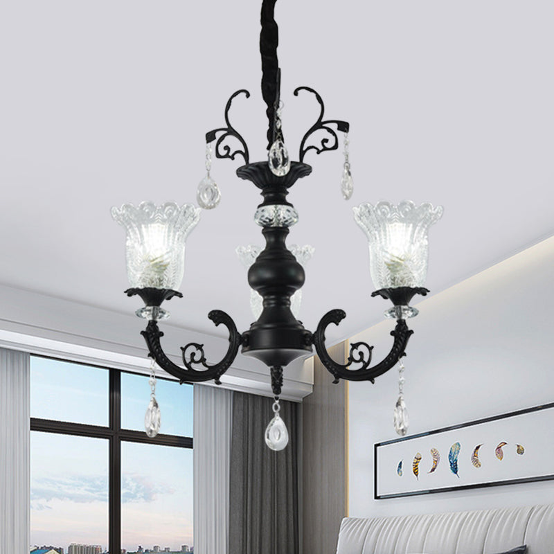 Flower Shape Bedroom Suspension Light Clear Crystal Glass 3-Light Modernism Chandelier Lamp in Black Black Clearhalo 'Ceiling Lights' 'Chandeliers' 'Modern Chandeliers' 'Modern' Lighting' 979598