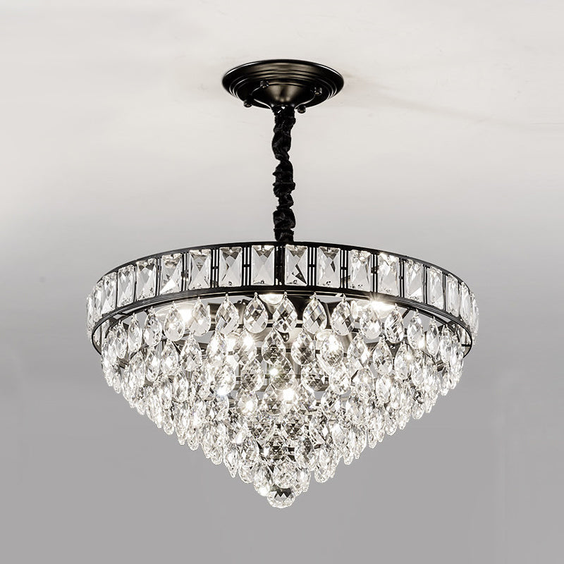 6-Head Bedroom Hanging Lighting Modernism Black Finish Ceiling Chandelier with Conic Crystal Drip Shade Clearhalo 'Ceiling Lights' 'Chandeliers' 'Modern Chandeliers' 'Modern' Lighting' 979604