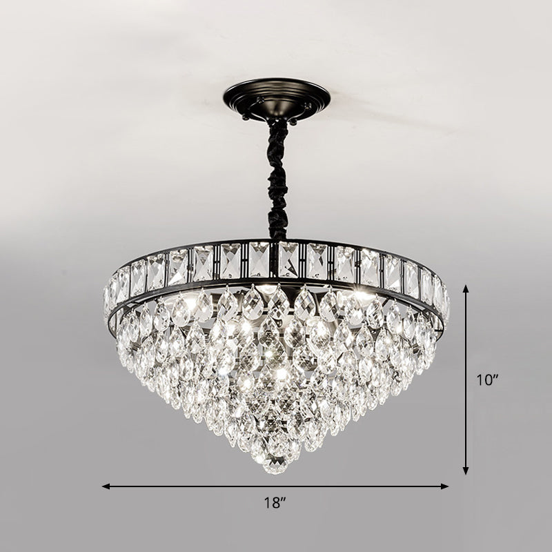 6-Head Bedroom Hanging Lighting Modernism Black Finish Ceiling Chandelier with Conic Crystal Drip Shade Clearhalo 'Ceiling Lights' 'Chandeliers' 'Modern Chandeliers' 'Modern' Lighting' 979605