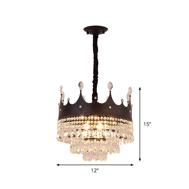 Crown Shape Metal Suspension Lighting Contemporary 4 Bulbs Black Finish Pendant Chandelier with Crystal Droplet Clearhalo 'Ceiling Lights' 'Chandeliers' 'Modern Chandeliers' 'Modern' Lighting' 979621