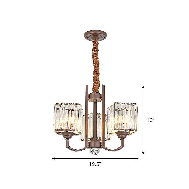 Cuboid Shape Dining Room Chandelier Crystal Block 3/6 Lights Modernist Pendant Lamp Fixture in Coffee Clearhalo 'Ceiling Lights' 'Chandeliers' 'Modern Chandeliers' 'Modern' Lighting' 979638