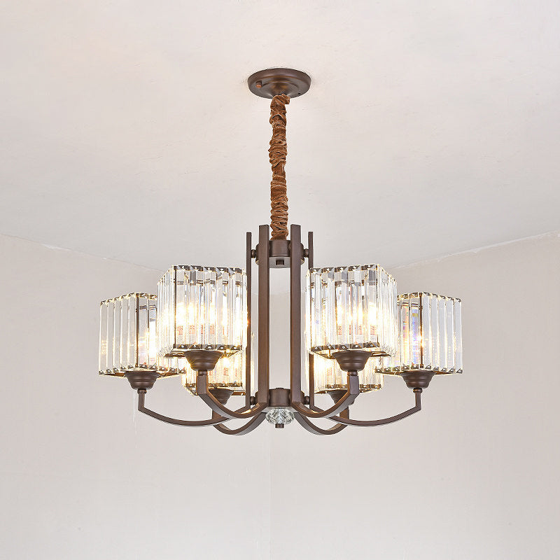 Cuboid Shape Dining Room Chandelier Crystal Block 3/6 Lights Modernist Pendant Lamp Fixture in Coffee Clearhalo 'Ceiling Lights' 'Chandeliers' 'Modern Chandeliers' 'Modern' Lighting' 979641
